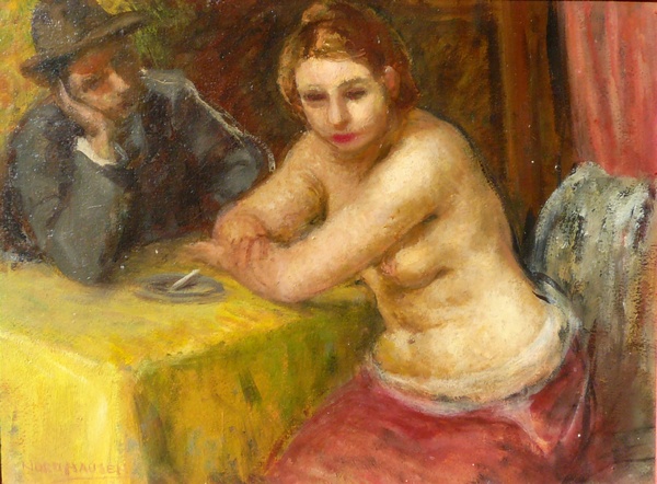 FA054- August Henry Nordhausen (American 1919-1993) Oil on board of a nude and a man, signed LL "NORDHAUSEN", Size: 12" x 16" in original gilt frame with lable on the back reading "Nude at Table, A. Henry Nordhausen" also frame lable from "Newcome-Maclin Co. Picture frame Makers. New York" Biography from The Columbus Museum Uptown, GA. August Henry Nordhausen was born in Hoboken, New Jersey, in 1901, the