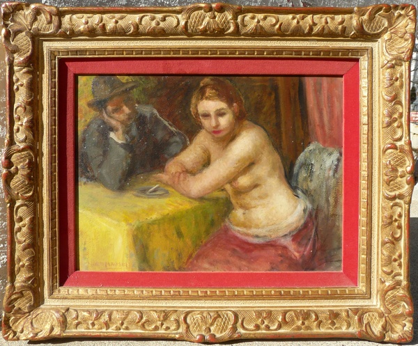 FA054- August Henry Nordhausen (American 1919-1993) Oil on board of a nude and a man, signed LL "NORDHAUSEN", Size: 12" x 16" in original gilt frame with lable on the back reading "Nude at Table, A. Henry Nordhausen" also frame lable from "Newcome-Maclin Co. Picture frame Makers. New York" Biography from The Columbus Museum Uptown, GA. August Henry Nordhausen was born in Hoboken, New Jersey, in 1901, the