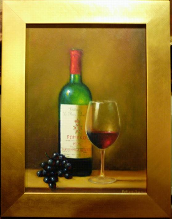Peter Dee (contemporary, Irish French),Oil on canvas still life of Grapes and Wine, Signed LR,10" x 14" + frame.